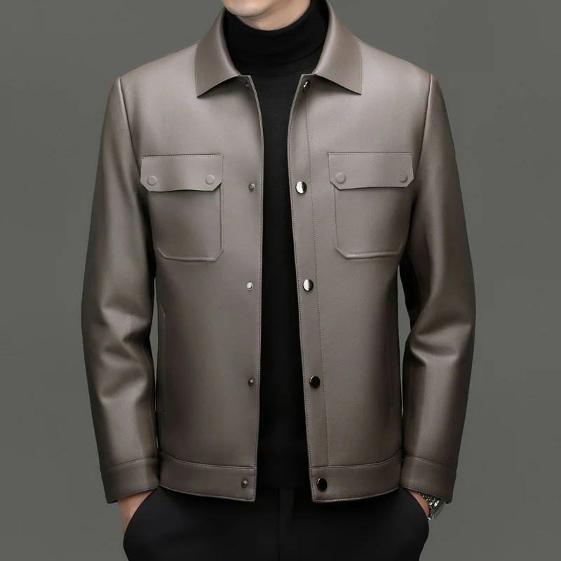 Herren Lederjacke im Shirtstil mit Druckknopfverschluss und aufgesetzten Brusttaschen Drune