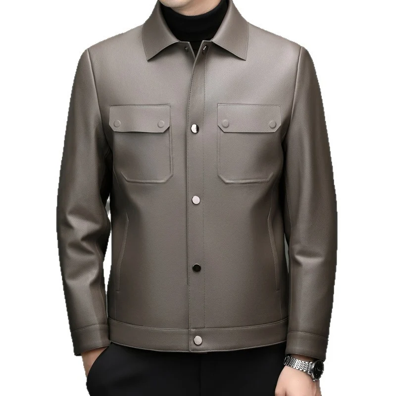 Herren Lederjacke im Shirtstil mit Druckknopfverschluss und aufgesetzten Brusttaschen Drune
