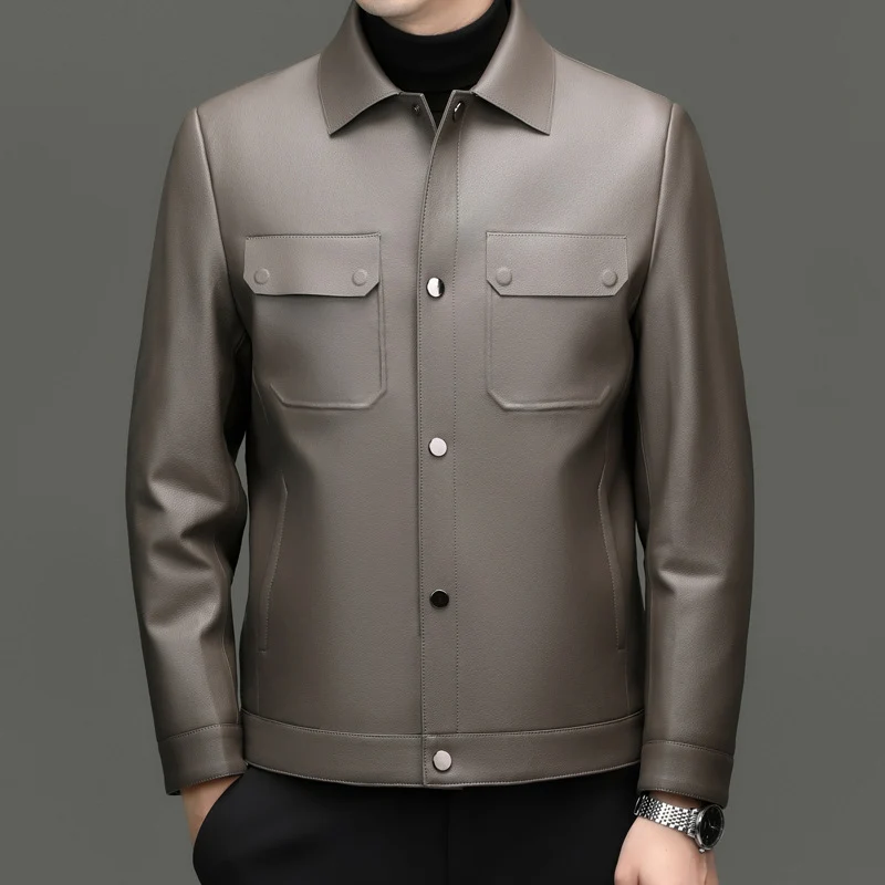 Herren Lederjacke im Shirtstil mit Druckknopfverschluss und aufgesetzten Brusttaschen Drune