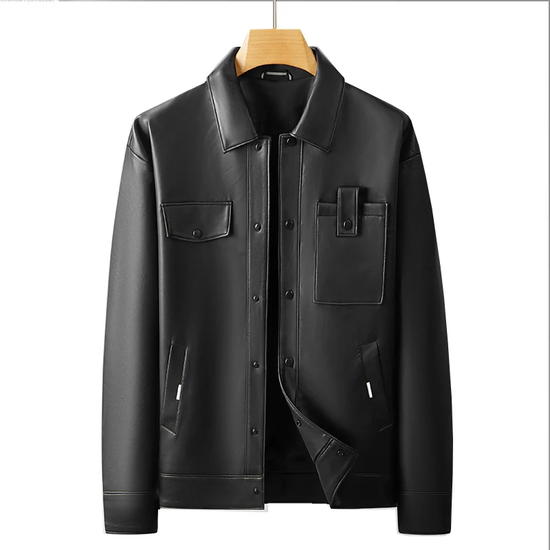 Herren Lederimitat Overshirt-Jacke mit Utility-Brusttasche und Druckknopfleiste Drune
