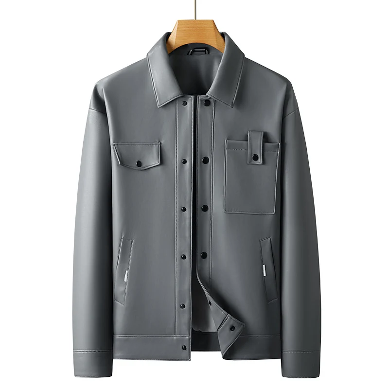 Herren Lederimitat Overshirt-Jacke mit Utility-Brusttasche und Druckknopfleiste Drune