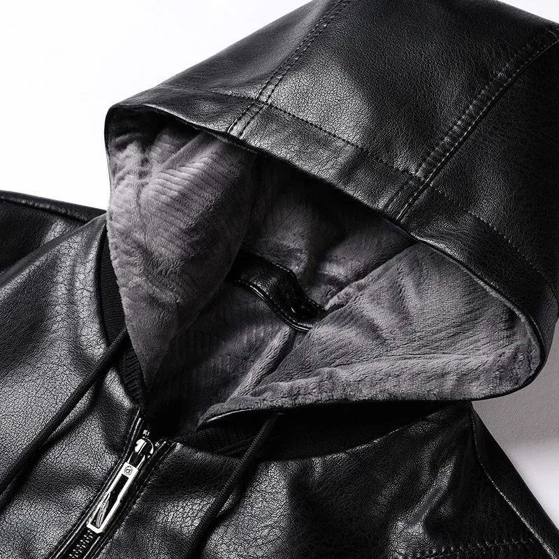 Herren Lederimitat-Kapuzenjacke mit Feinstruktur, Reißverschluss und Rippbündchen Drune
