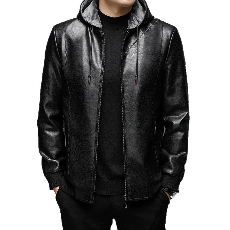 Herren Lederimitat-Kapuzenjacke mit Feinstruktur, Reißverschluss und Rippbündchen Drune