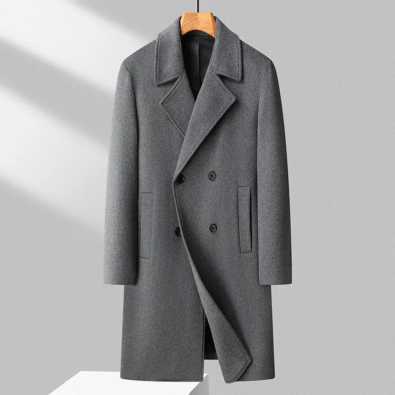 Herren Langer Wollmix-Übermantel im minimalistischen Schnitt mit Reverskragen und verdeckten Eingrifftaschen Drune