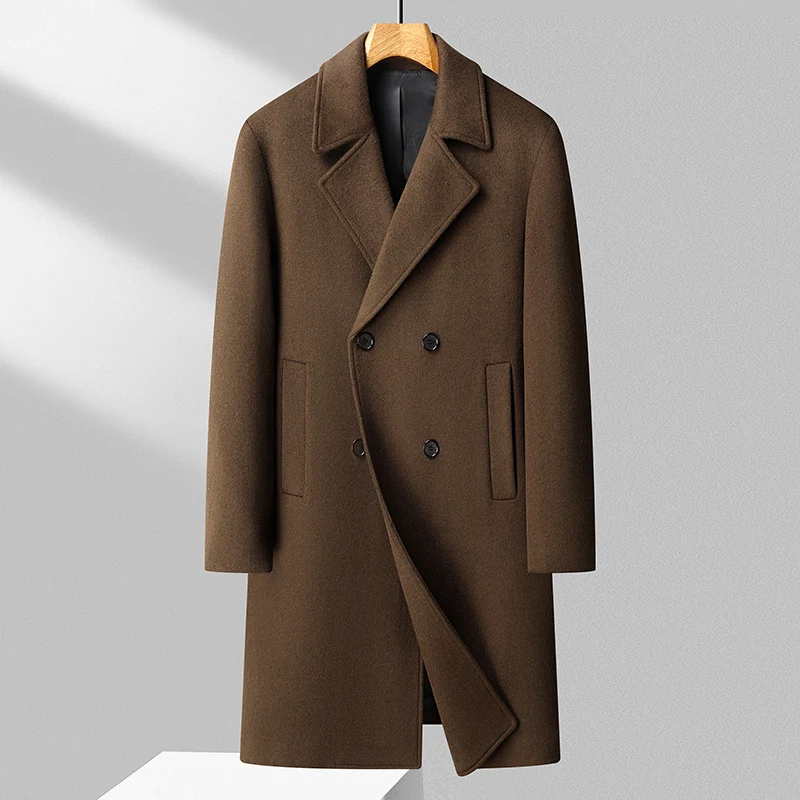 Herren Langer Wollmix-Übermantel im minimalistischen Schnitt mit Reverskragen und verdeckten Eingrifftaschen Drune