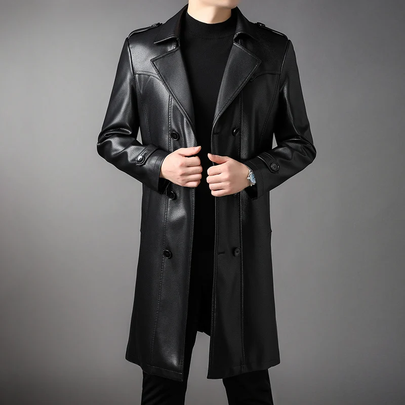 Herren Langer Ledertrenchcoat mit Taillengürtel und doppelreihiger Knopfleiste Drune