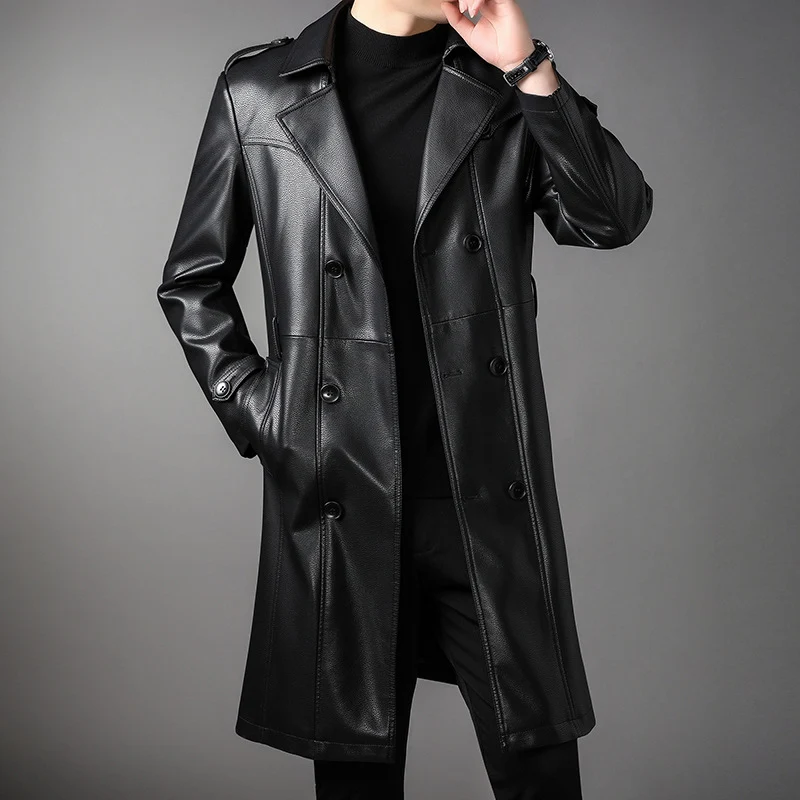 Herren Langer Ledertrenchcoat mit Taillengürtel und doppelreihiger Knopfleiste Drune