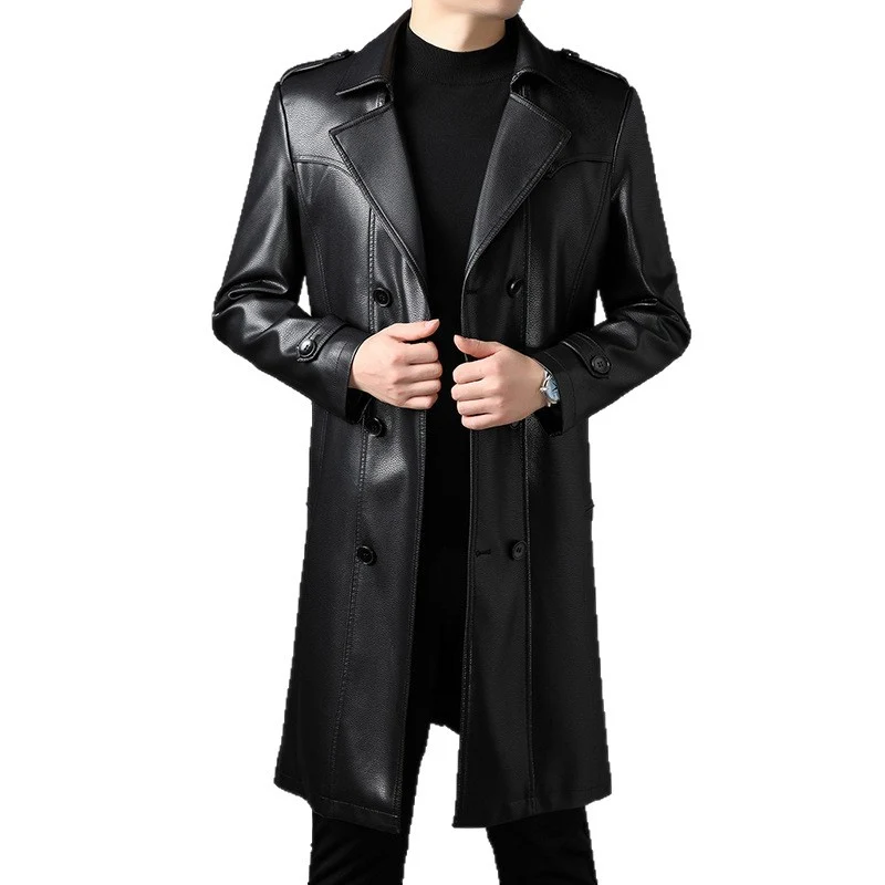 Herren Langer Ledertrenchcoat mit Taillengürtel und doppelreihiger Knopfleiste Drune