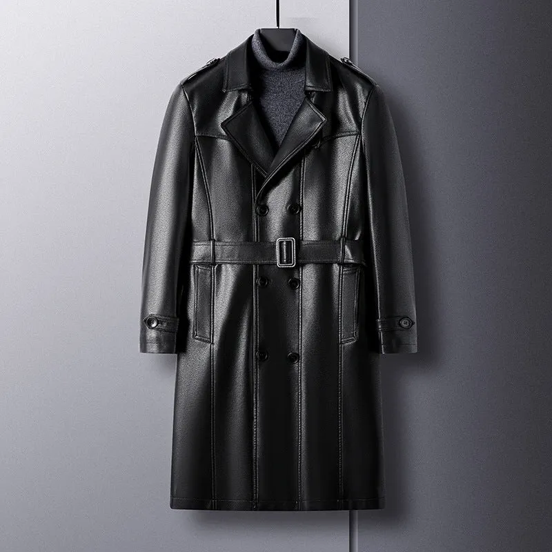 Herren Langer Ledertrenchcoat mit Taillengürtel und doppelreihiger Knopfleiste Drune