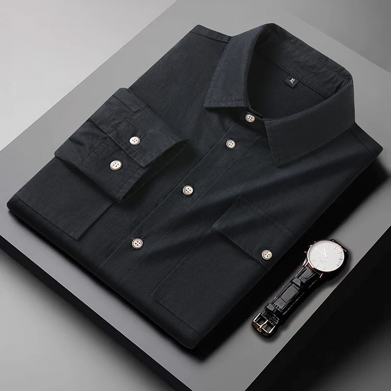Herren Klassisches Langarm-Hemd aus Baumwollmix mit Kentkragen und aufgesetzten Brusttaschen Drune