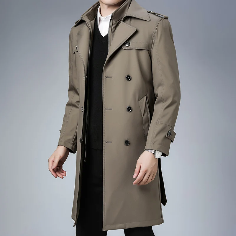Herren klassischer wasserabweisender Trenchcoat mit doppelter Knopfreihe und Epauletten Drune