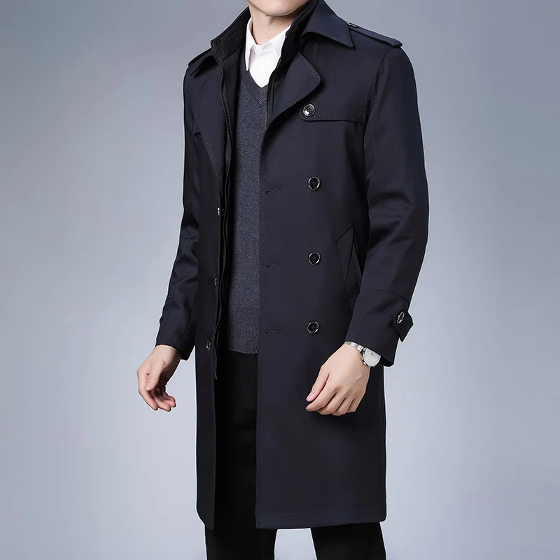 Herren klassischer wasserabweisender Trenchcoat mit doppelter Knopfreihe und Epauletten Drune