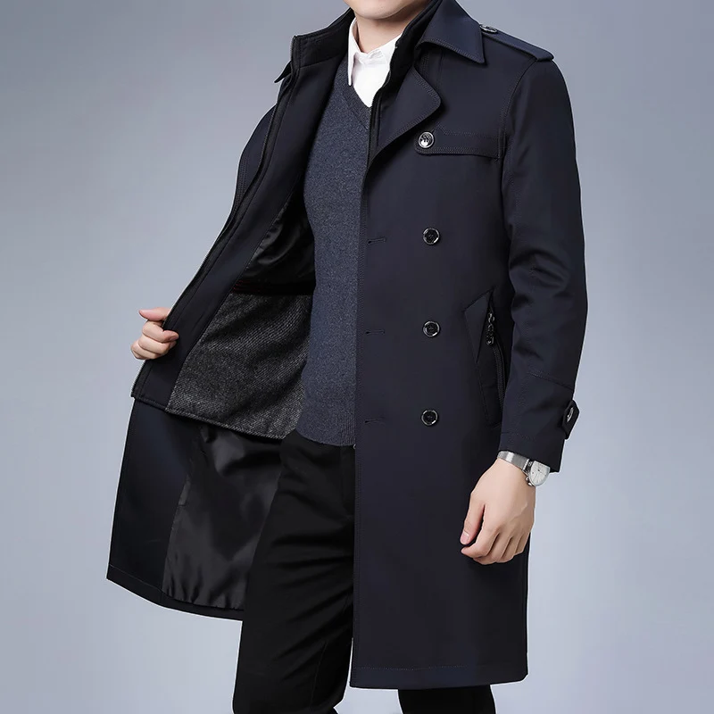 Herren klassischer wasserabweisender Trenchcoat mit doppelter Knopfreihe und Epauletten Drune