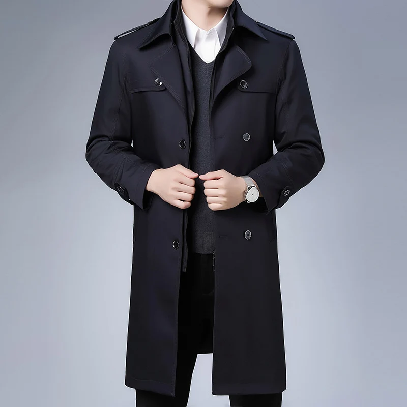 Herren klassischer wasserabweisender Trenchcoat mit doppelter Knopfreihe und Epauletten Drune