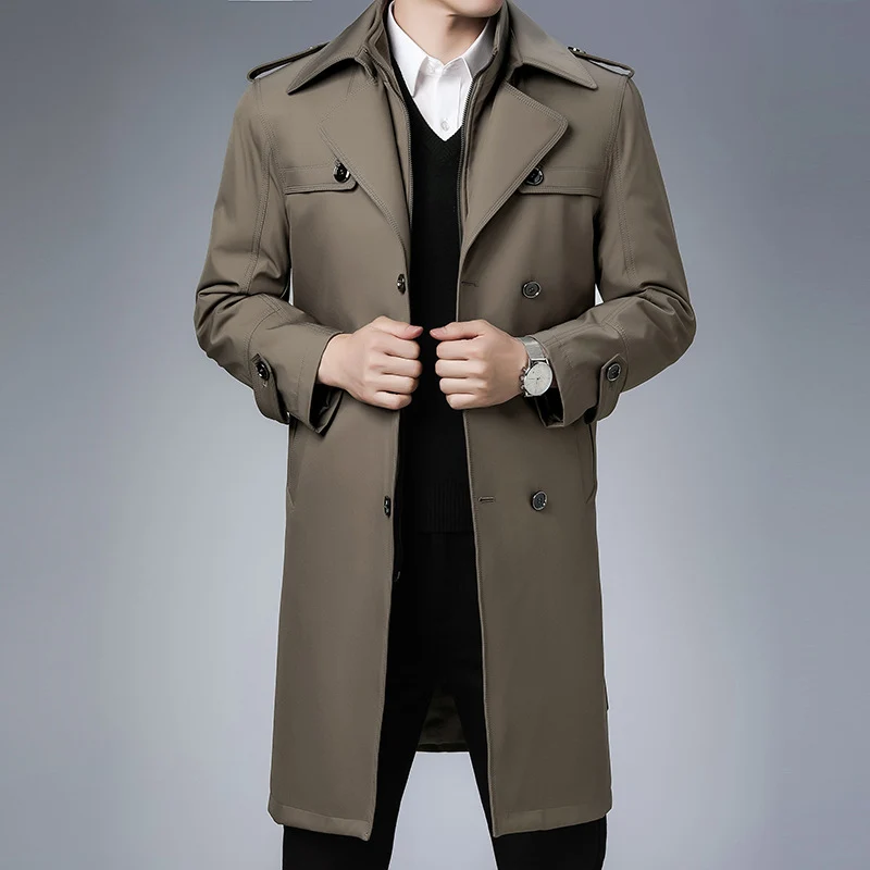 Herren klassischer wasserabweisender Trenchcoat mit doppelter Knopfreihe und Epauletten Drune