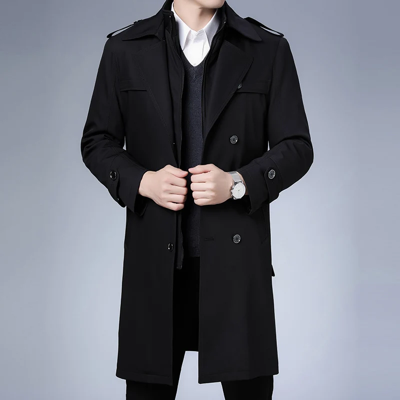 Herren klassischer wasserabweisender Trenchcoat mit doppelter Knopfreihe und Epauletten Drune