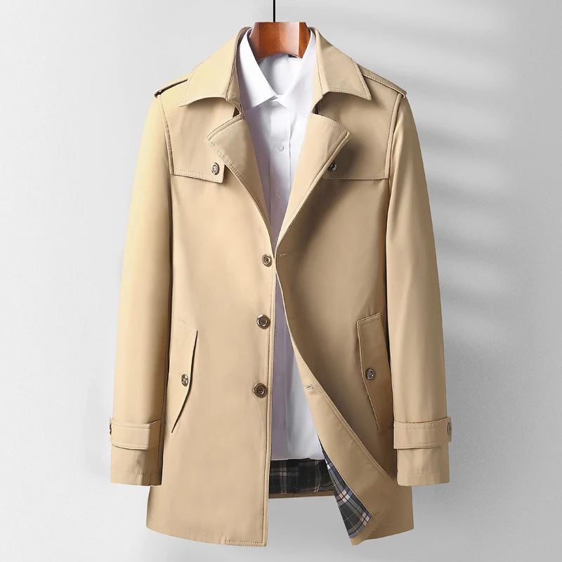Herren Klassischer Kurztrenchcoat mit Hemdkragen, Schulterpatten und gefütterter Innenseite Drune