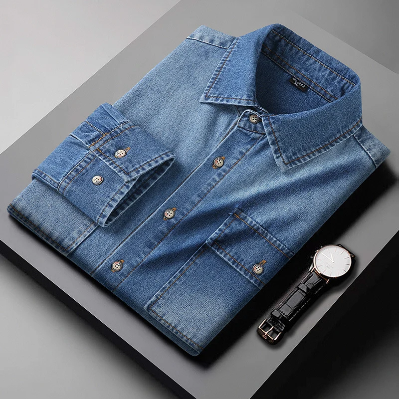Herren Jeanshemd aus Baumwoll-Denim mit Kentkragen und aufgesetzten Brusttaschen Drune