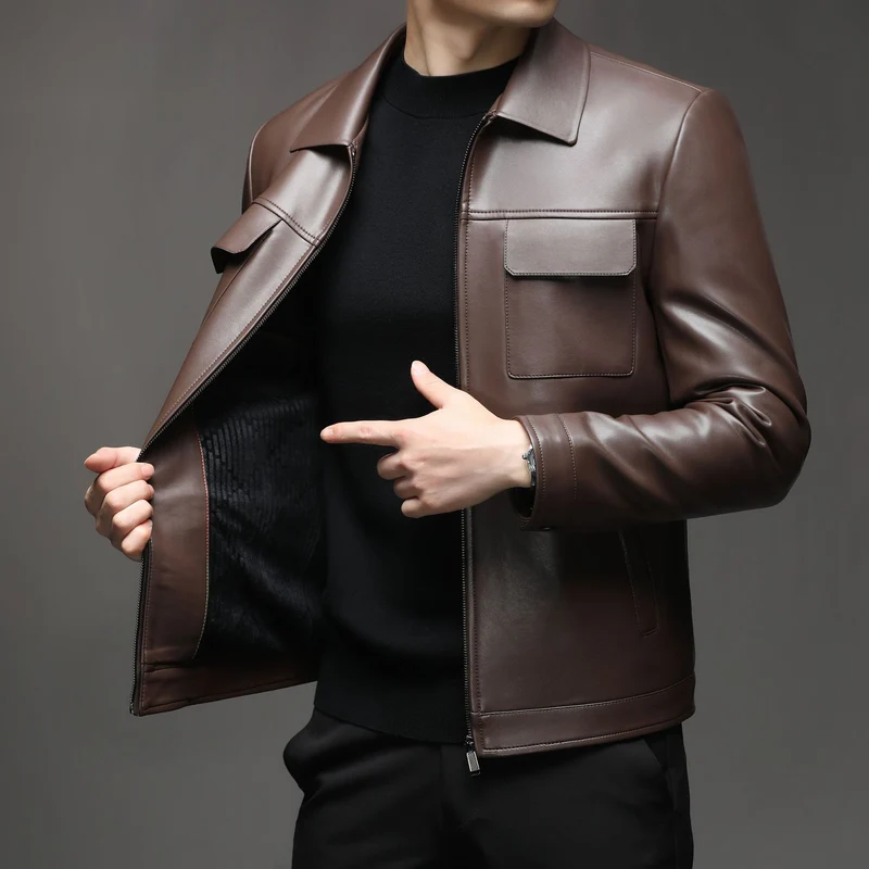 Herren Glatte Lederjacke im klassischen Hemdkragenstil mit verdecktem Reißverschluss und aufgesetzten Brusttaschen Drune