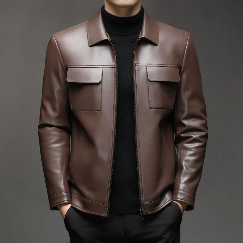 Herren Glatte Lederjacke im klassischen Hemdkragenstil mit verdecktem Reißverschluss und aufgesetzten Brusttaschen Drune