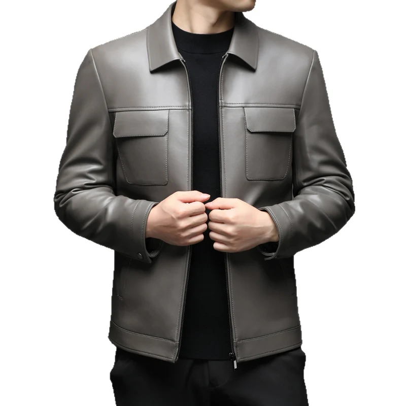 Herren Glatte Lederjacke im klassischen Hemdkragenstil mit verdecktem Reißverschluss und aufgesetzten Brusttaschen Drune
