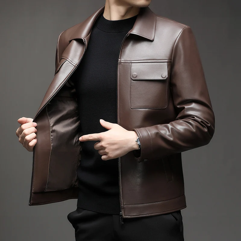 Herren Glatte Lederjacke im klassischen Hemdkragenstil mit verdecktem Reißverschluss und aufgesetzten Brusttaschen Drune