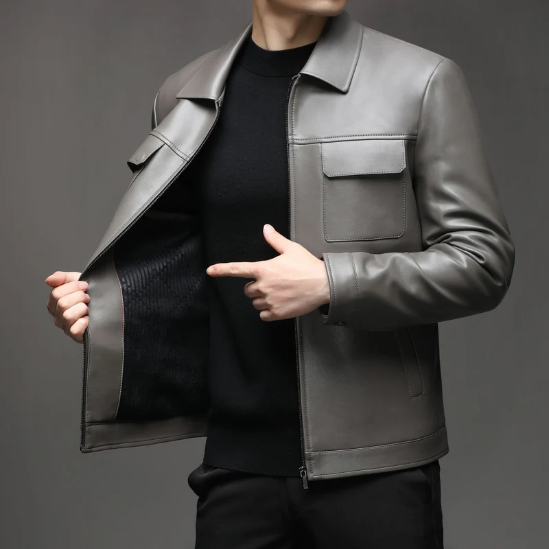 Herren Glatte Lederjacke im klassischen Hemdkragenstil mit verdecktem Reißverschluss und aufgesetzten Brusttaschen Drune
