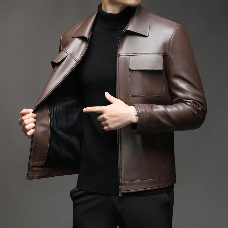 Herren Glatte Lederjacke im klassischen Hemdkragenstil mit verdecktem Reißverschluss und aufgesetzten Brusttaschen Drune