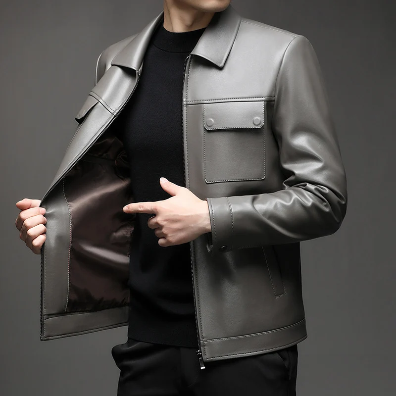 Herren Glatte Lederjacke im klassischen Hemdkragenstil mit verdecktem Reißverschluss und aufgesetzten Brusttaschen Drune
