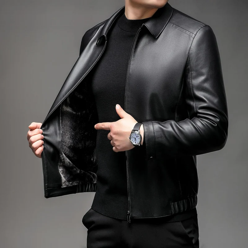 Herren Glatte Kunstlederjacke mit wärmendem Kunstfellfutter, Hemdkragen und elastischem Saum Drune