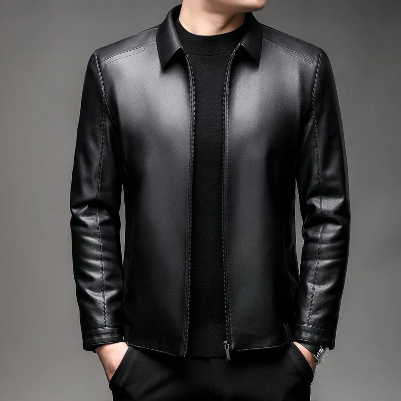 Herren Glatte Kunstlederjacke mit wärmendem Kunstfellfutter, Hemdkragen und elastischem Saum Drune