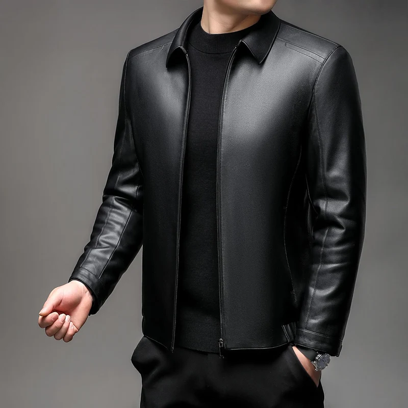 Herren Glatte Kunstlederjacke mit wärmendem Kunstfellfutter, Hemdkragen und elastischem Saum Drune