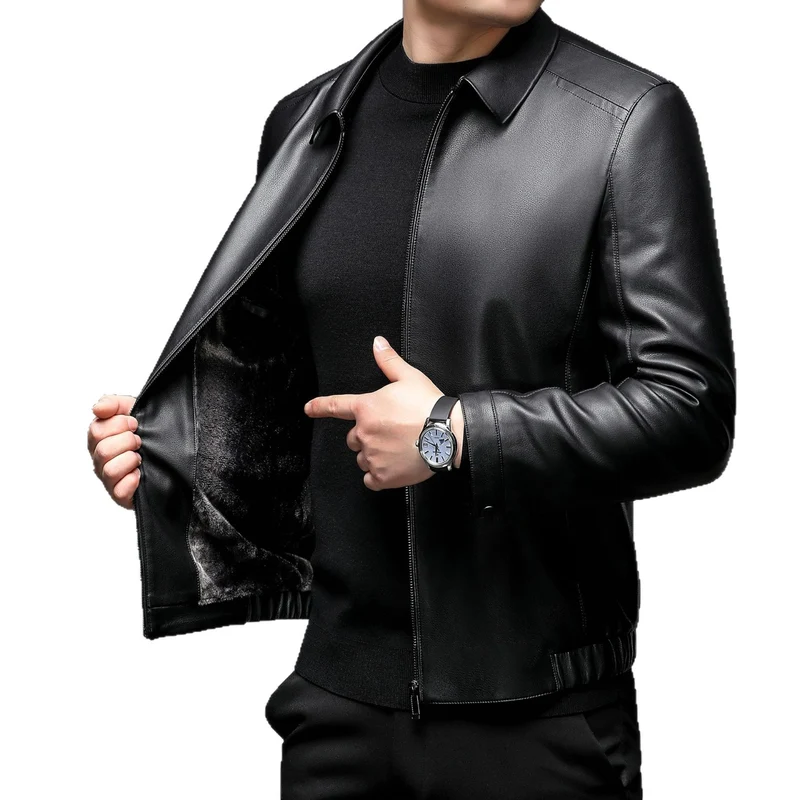 Herren Glatte Kunstlederjacke mit wärmendem Kunstfellfutter, Hemdkragen und elastischem Saum Drune