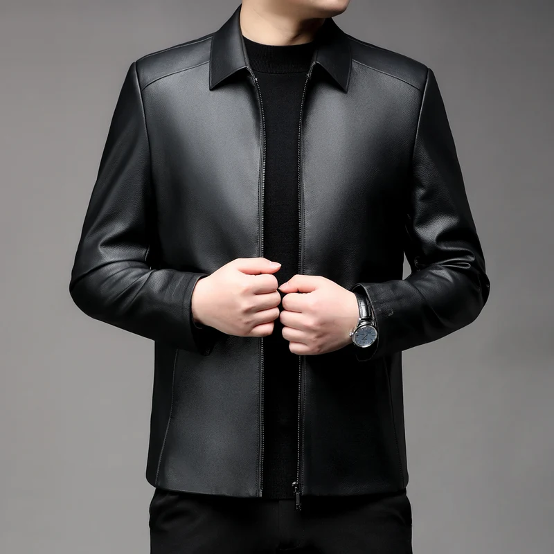 Herren Glatte Kunstleder-Zipjacke mit Hemdkragen und schlanker Silhouette Drune