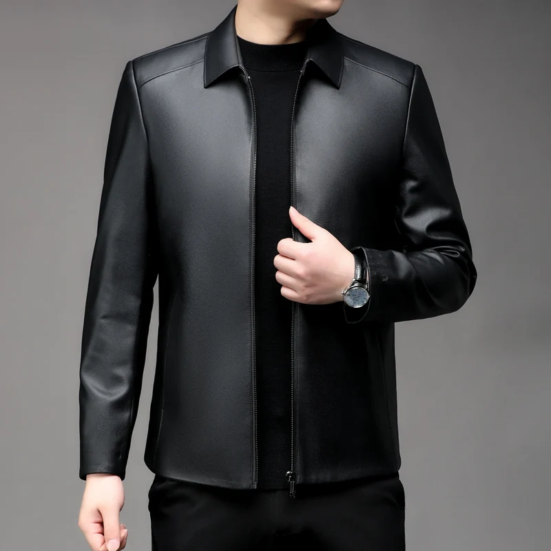 Herren Glatte Kunstleder-Zipjacke mit Hemdkragen und schlanker Silhouette Drune