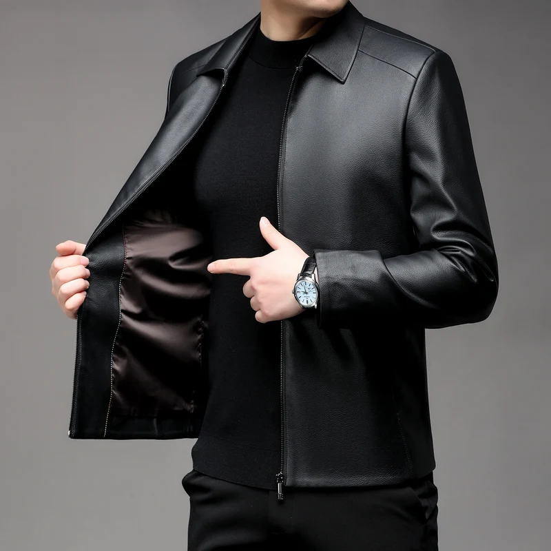Herren Glatte Kunstleder-Zipjacke mit Hemdkragen und schlanker Silhouette Drune