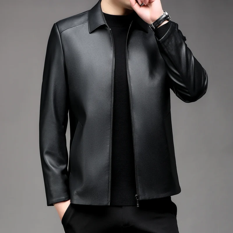Herren Glatte Kunstleder-Zipjacke mit Hemdkragen und schlanker Silhouette Drune