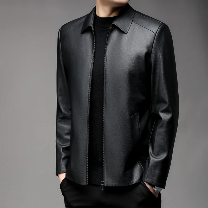 Herren Glatte Kunstleder-Zipjacke mit Hemdkragen und schlanker Silhouette Drune
