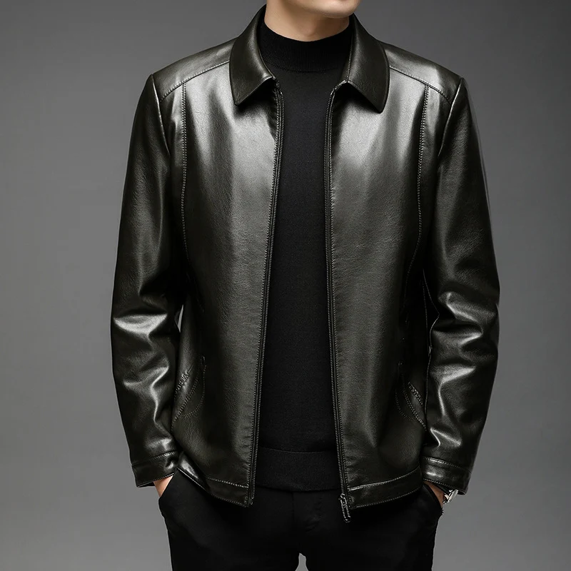 Herren Glatt-Lederimitat Zipjacke im Hemdkragenstil mit minimalistischer Nahtführung Drune