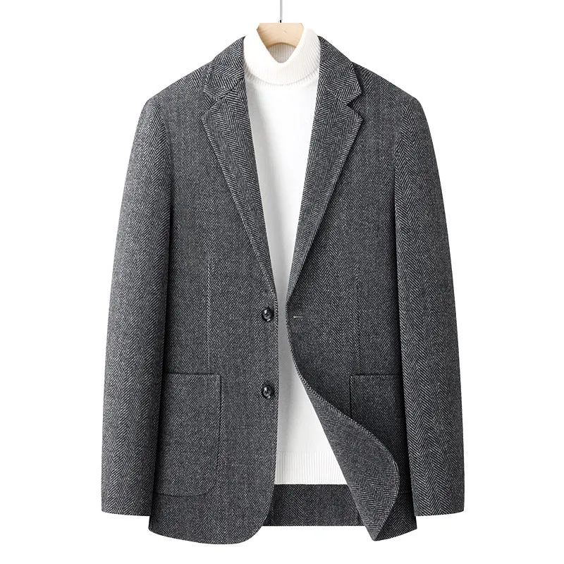 Herren Fischgrät-Wollblazer mit Reverskragen und aufgesetzten Taschen Drune