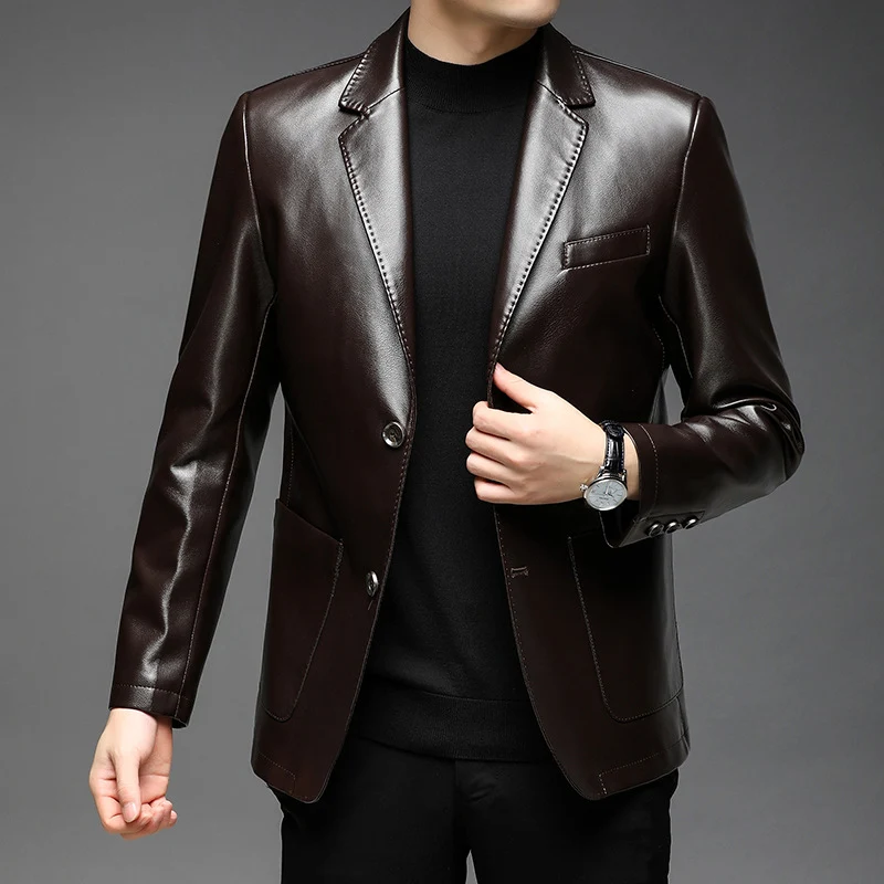 Herren Elegantes Kunstleder-Sakko im Tailored-Fit mit Reverskragen und Pattentaschen Drune
