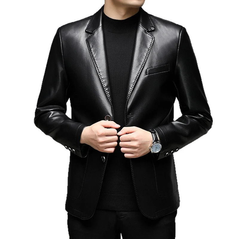 Herren Elegantes Kunstleder-Sakko im Tailored-Fit mit Reverskragen und Pattentaschen Drune