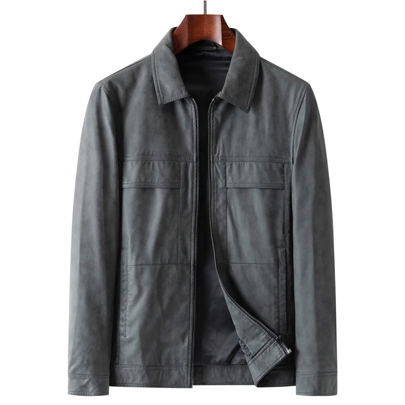 Herren Elegante Veloursleder-Übergangsjacke mit Reißverschluss und Hemdkragen Drune