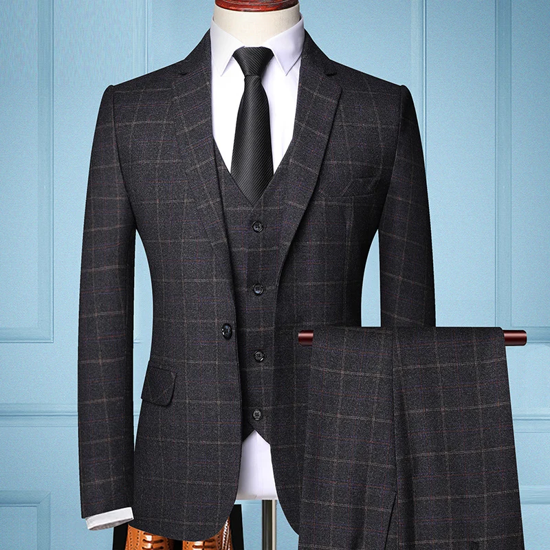 Herren Dreiteiliges Slim-Fit Anzug mit Weste und feinem Karomuster Drune