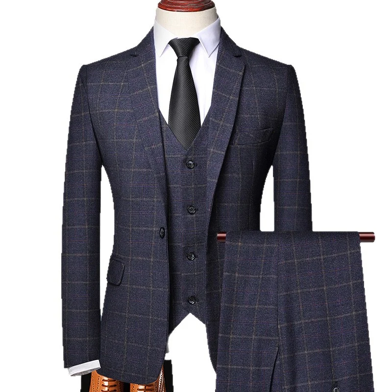 Herren Dreiteiliges Slim-Fit Anzug mit Weste und feinem Karomuster Drune