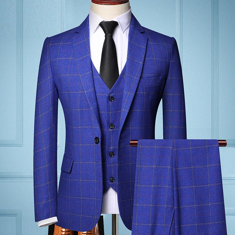 Herren Dreiteiliges Slim-Fit Anzug mit Weste und feinem Karomuster Drune