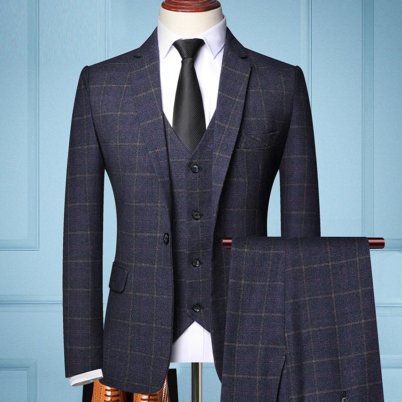 Herren Dreiteiliges Slim-Fit Anzug mit Weste und feinem Karomuster Drune