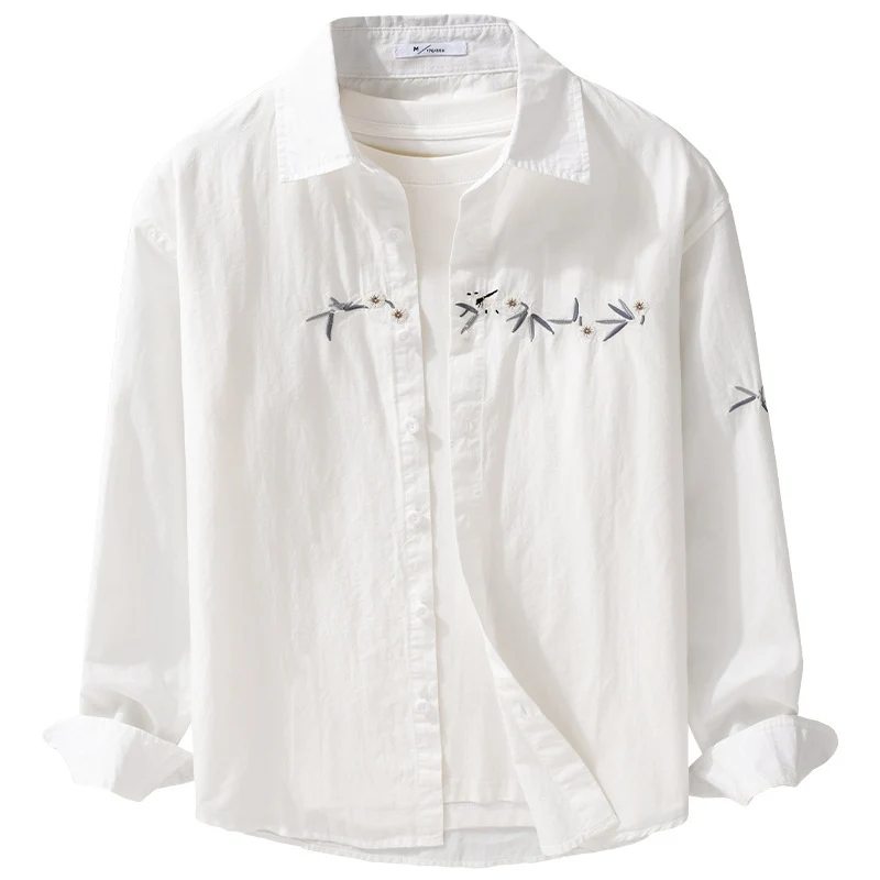 Damen Lockeres besticktes Baumwoll-Overshirt mit Kentkragen und Layering‑Detail Drune