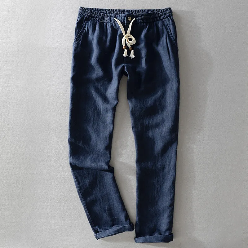 Damen Leinenhose mit elastischem Bund, Tunnelzug und geradem Bein Drune