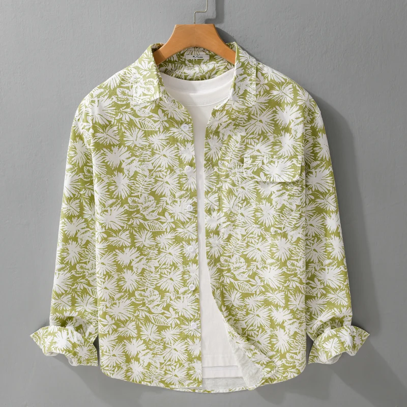 Damen Leichtes Blumenprint-Overshirt aus Leinen-Baumwollmix mit Kentkragen und Brusttasche Drune